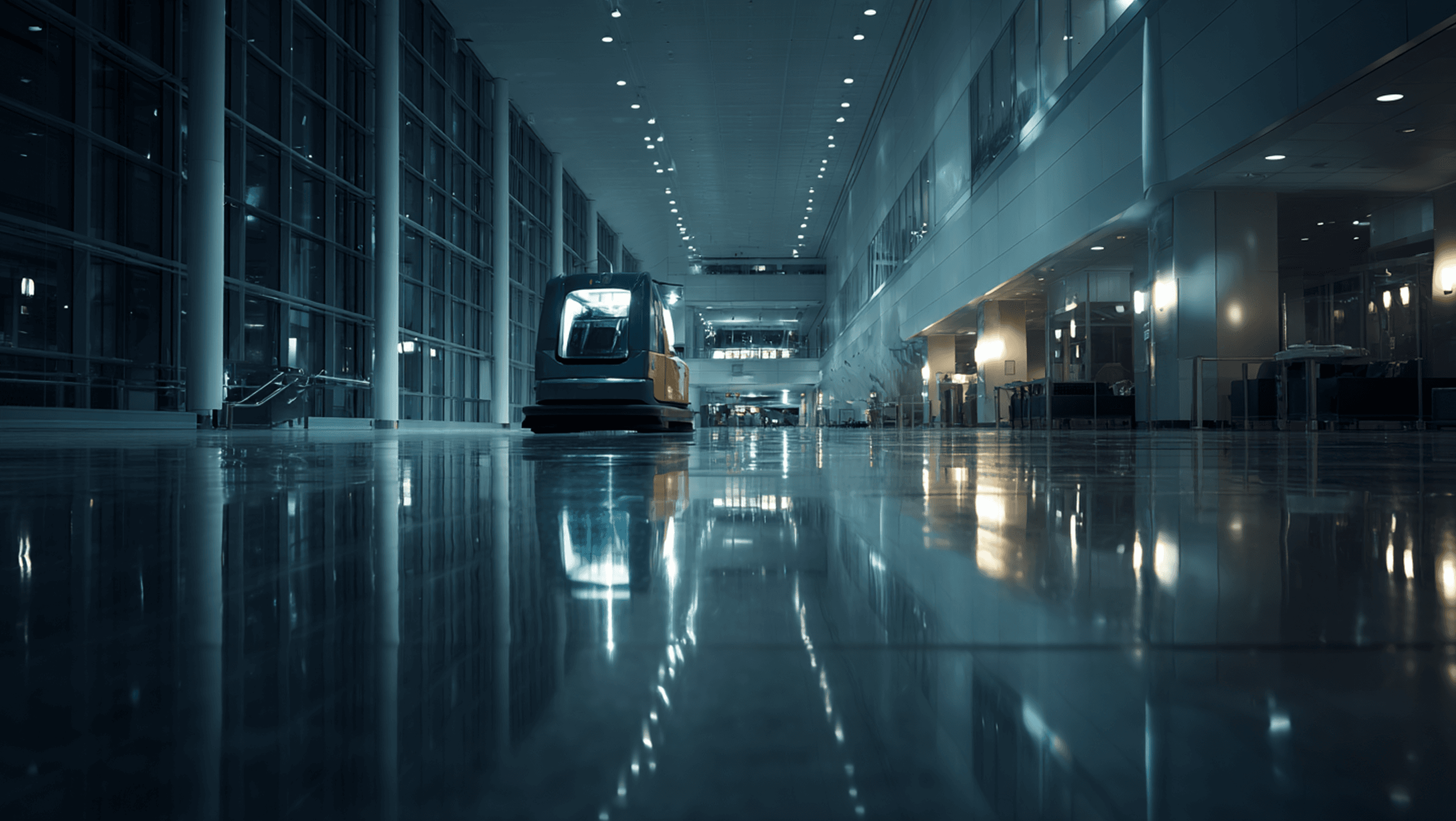 Airport concourse with reflective flooring