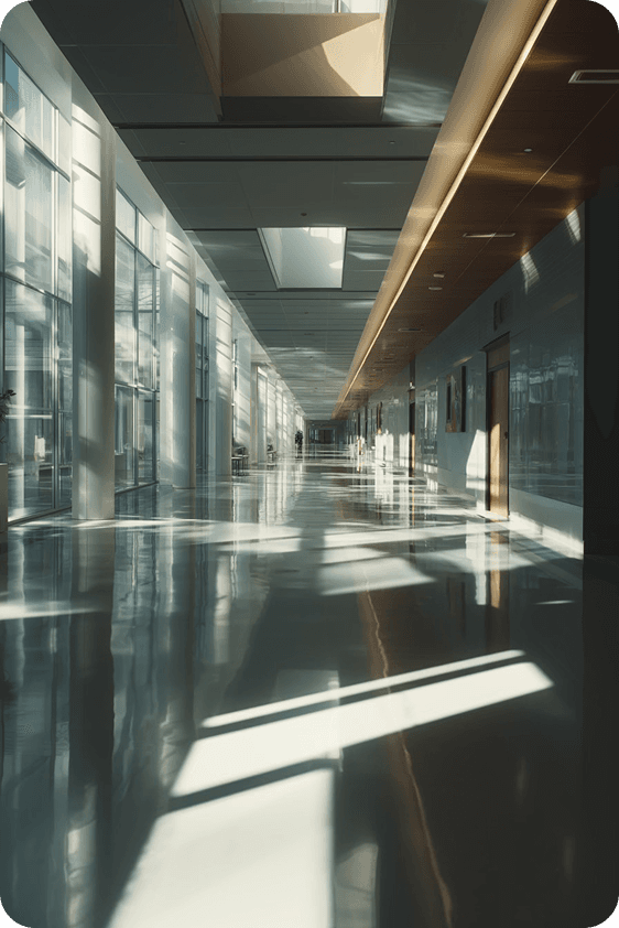 Healthcare interior corridor with polished floors