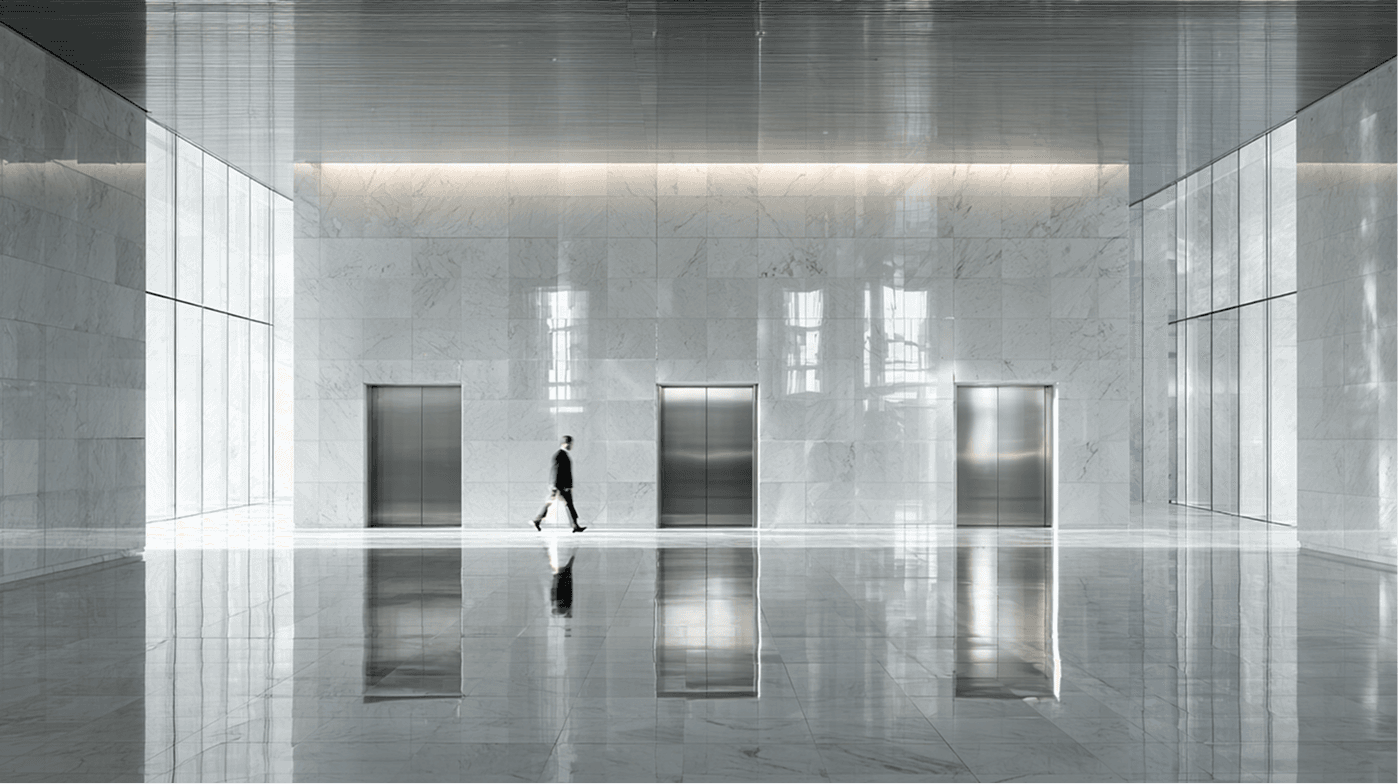 Minimal commercial interior with reflective flooring