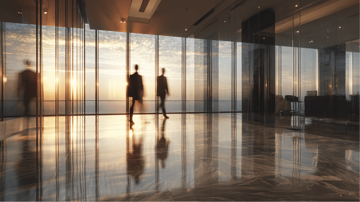 Corporate lobby with sunset reflections