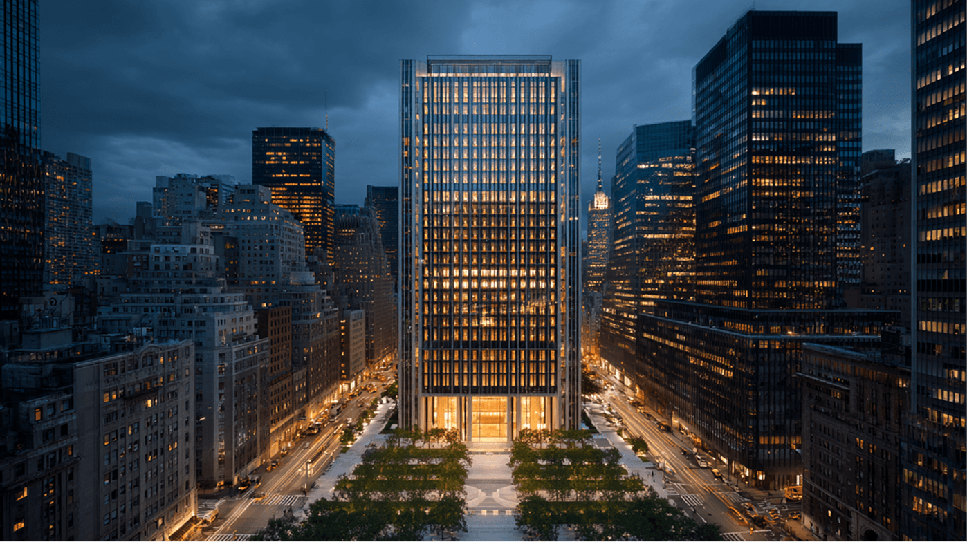 Corporate district tower at night