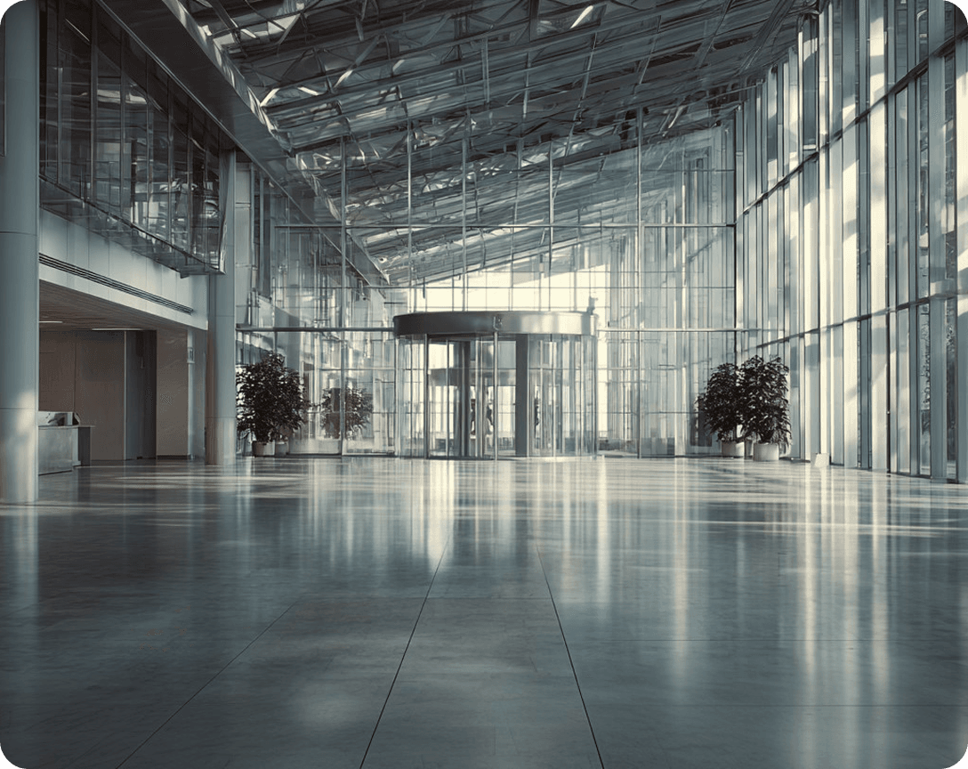 Corporate architecture and interior glass atrium