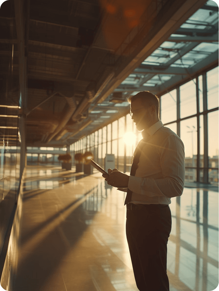 Operations lead reviewing metrics in golden hour atrium